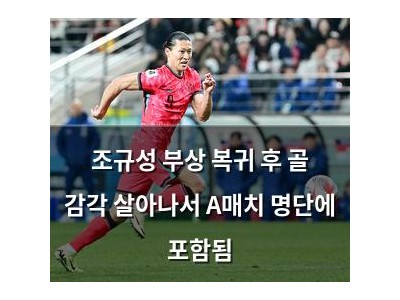 조규성 부상 복귀 후 골 감각 살아나서 A매치 명단에 포함됨